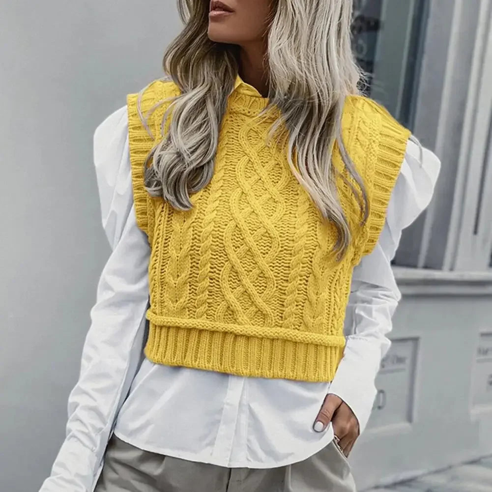 Women's Clothing Chic O Neck Pink Knitted Vest All Match Streetwear Short Sleeveless Pullover Knitted Waistcoat