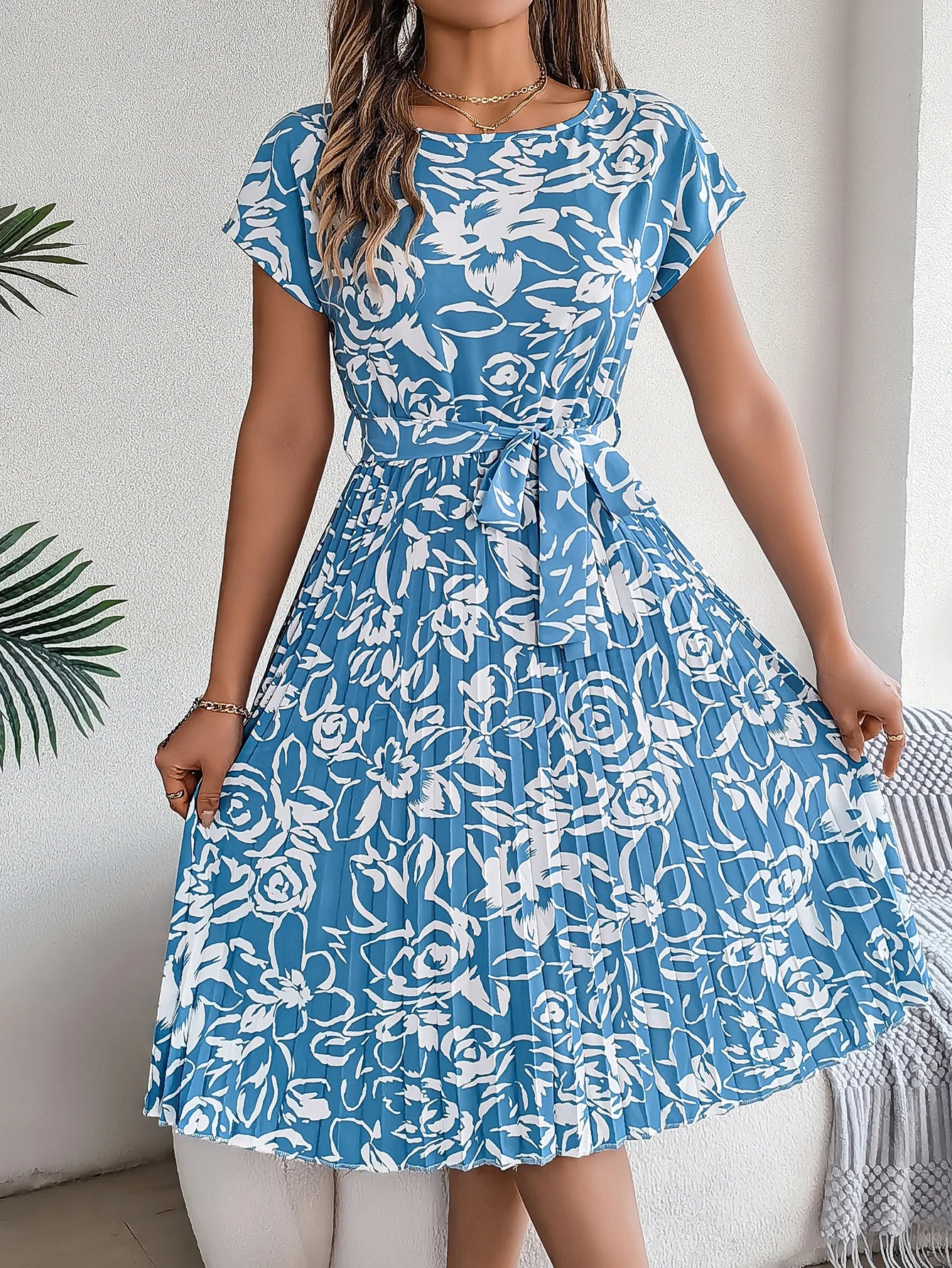Women's Clothing 2025 Summer New Casual Short-sleeved Floral Strap Dress Pleated Skirt Fashion O Neck Casual Dresses Robe Femme