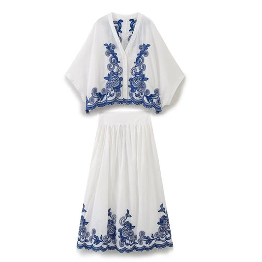 2025 New Women's Clothing Casual, Elegant, Modern, European and American Style Contrast Embroidered Shirt&Skirt Set