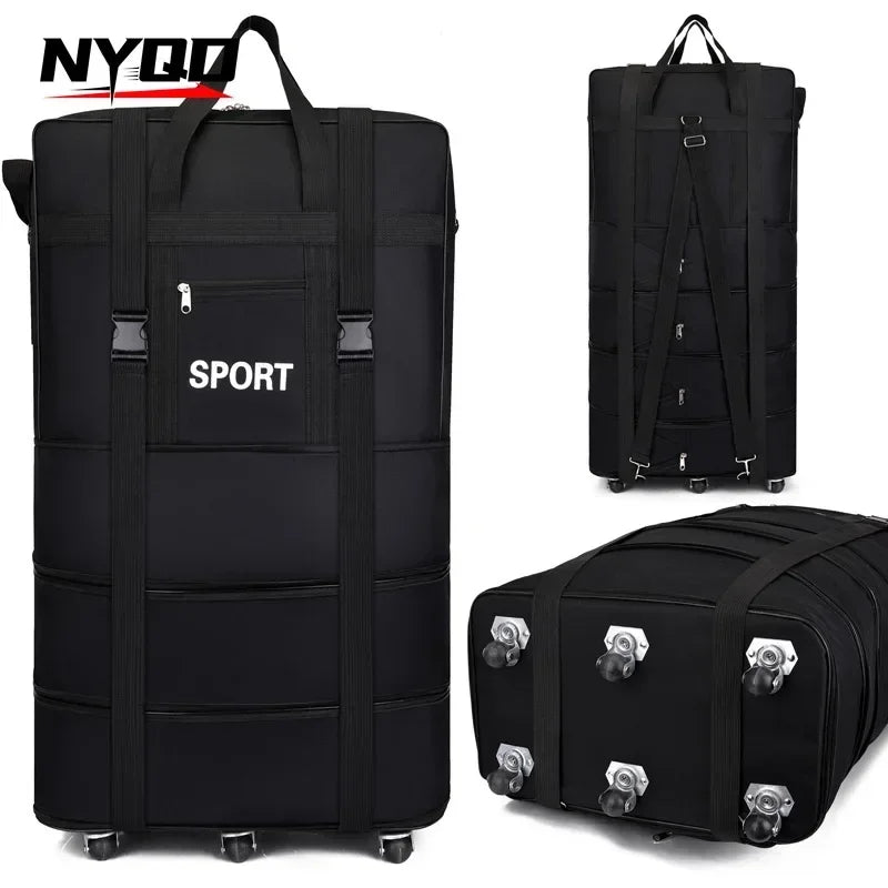 Air Checked Folding Large Capacity Oversized Backpack Storage Bag W/Pulley Lightweight Luggage Travel Suitcase Maletas De Viaje