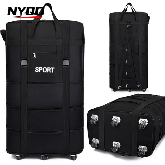 Air Checked Folding Large Capacity Oversized Backpack Storage Bag W/Pulley Lightweight Luggage Travel Suitcase Maletas De Viaje