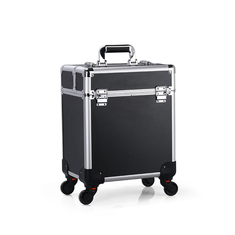 Rolling Makeup Train Case Large Capacity Cosmetic Trolley, Aluminum Professional Salon Travel Case with Key Swivel Wheels Travel