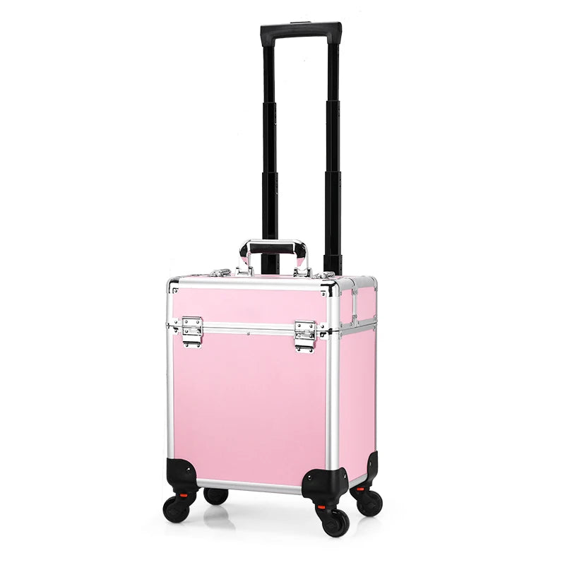 Rolling Makeup Train Case Large Capacity Cosmetic Trolley, Aluminum Professional Salon Travel Case with Key Swivel Wheels Travel