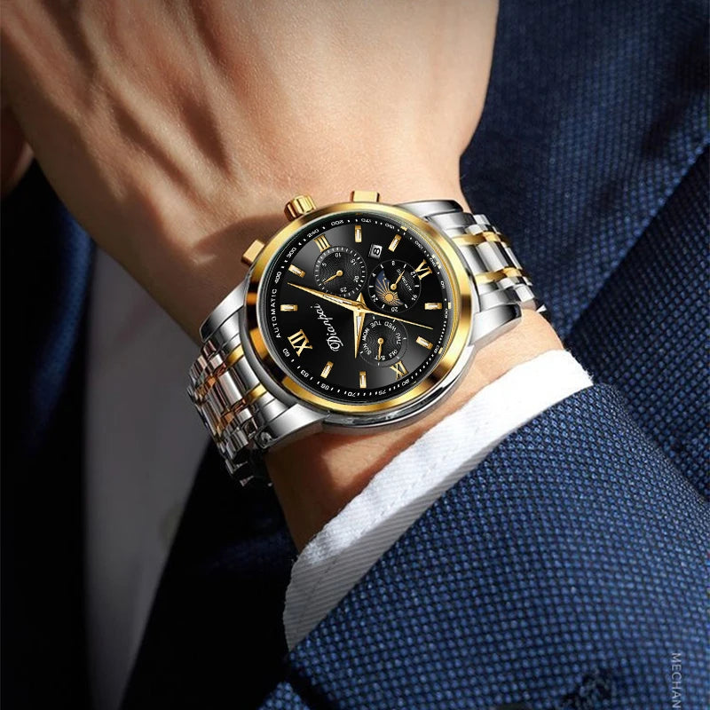Men's elegant automatic mechanical watch with 24-hour date and week display, transparent back, 30 meter waterproof zinc alloy ca