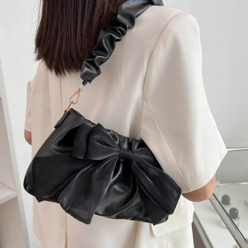 Fashion Casual Handbags For Women Cute Bow Black White Blue Kahki PU Handbags Trendy Daily Shoulder Underarm Bags bolsa feminina
