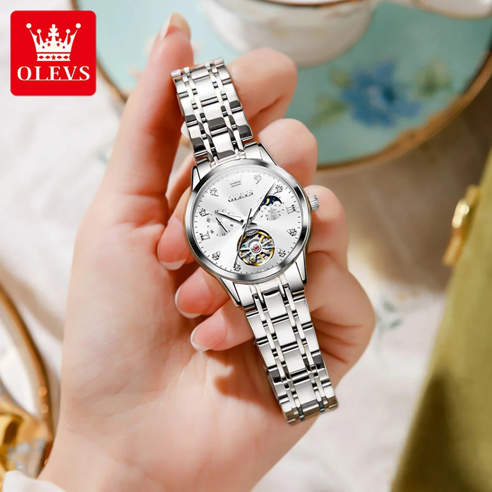 OLEVS 6608 Top Brand Women's Watches Elegant Fashion Hollow Out Automatic Mechanical Watch for Lady Waterproof Stainless Steel
