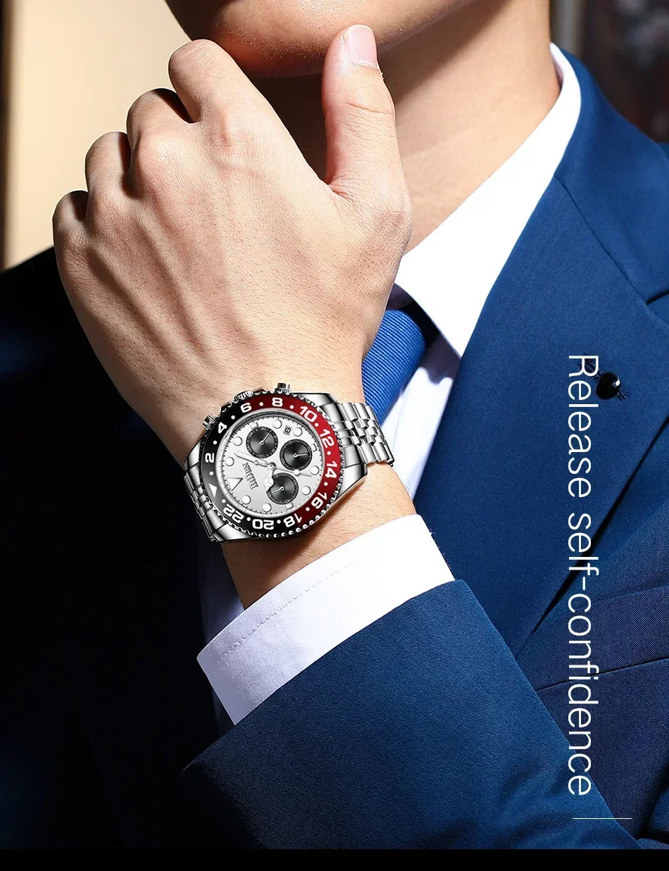 Brand Men's Watches Are High-end Lightweight Luxurious Round Multifunctional Quartz Watches with Solid Steel Straps for Dail