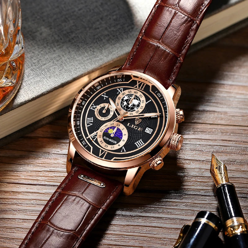 2025 New Mens Watches LIGE Top Brand Leather Chronograph Waterproof Sport Automatic Date Quartz Watch For Men Relogio Masculino