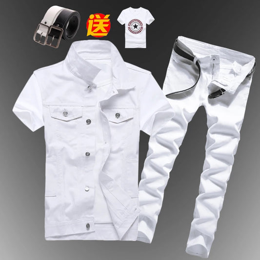 New Men Sets Mens Boys Casual Denim Vest Sleeveless Waistcoat Summer Jeans Pants Trousers Slim Fit 2pcs Set Men Clothing