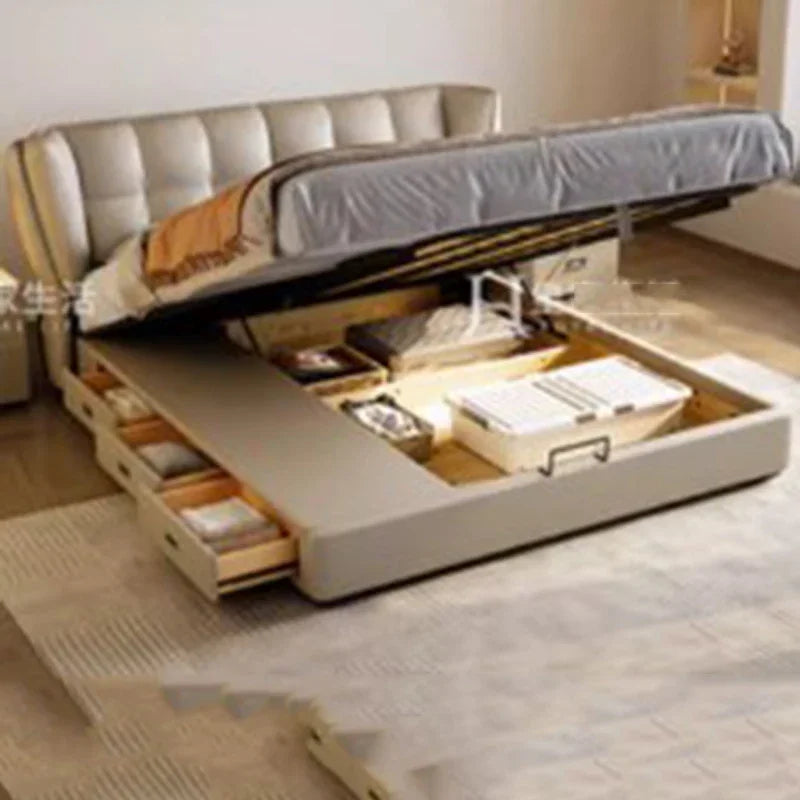 Drawers Wood Double Bed Frame Simple White Elegant Matrimonial Modern Bed Bedroom Villa Italian Cama De Casal Bedroom Furniture