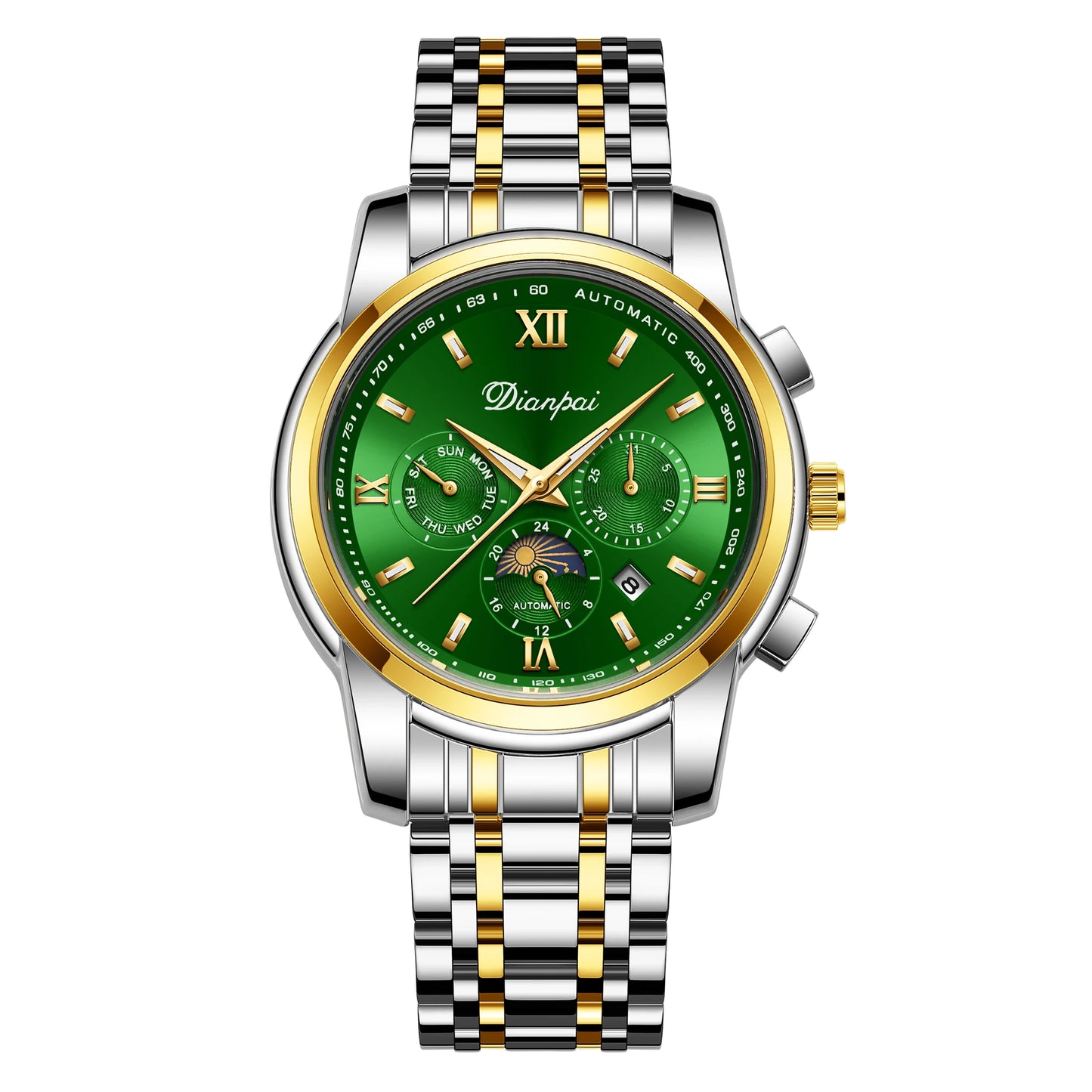 Men's elegant automatic mechanical watch with 24-hour date and week display, transparent back, 30 meter waterproof zinc alloy ca
