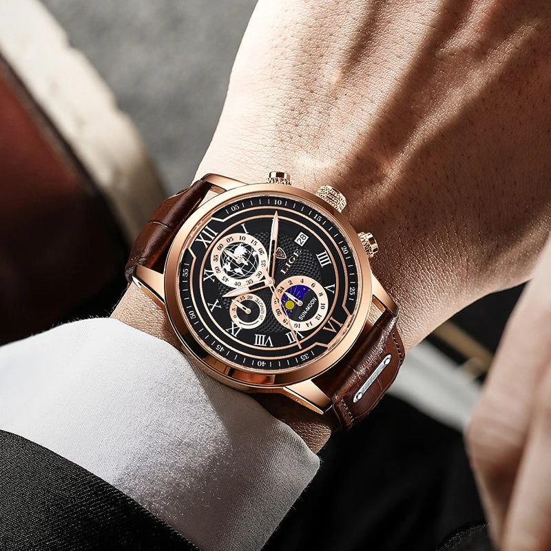 2025 New Mens Watches LIGE Top Brand Leather Chronograph Waterproof Sport Automatic Date Quartz Watch For Men Relogio Masculino