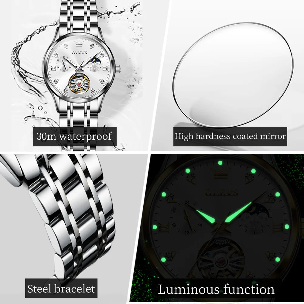 OLEVS 6608 Top Brand Women's Watches Elegant Fashion Hollow Out Automatic Mechanical Watch for Lady Waterproof Stainless Steel