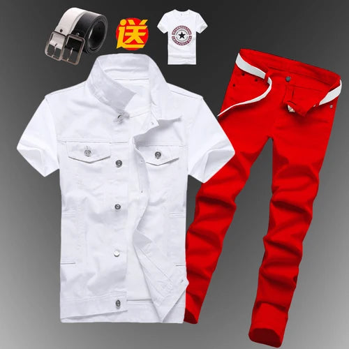 New Men Sets Mens Boys Casual Denim Vest Sleeveless Waistcoat Summer Jeans Pants Trousers Slim Fit 2pcs Set Men Clothing