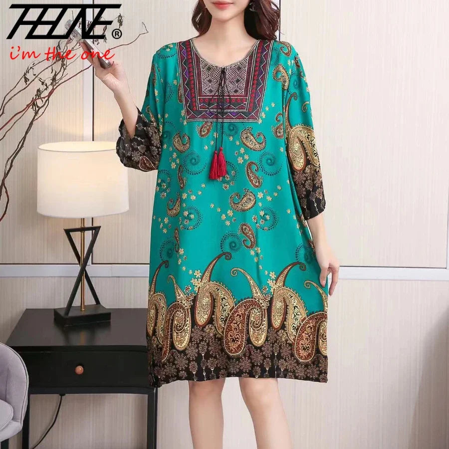 Women's Clothing Women Indian Dress Ready Stock Summer Vintage Causal Korean Style Beach Embroidery Tassel Floral Print Vestidos