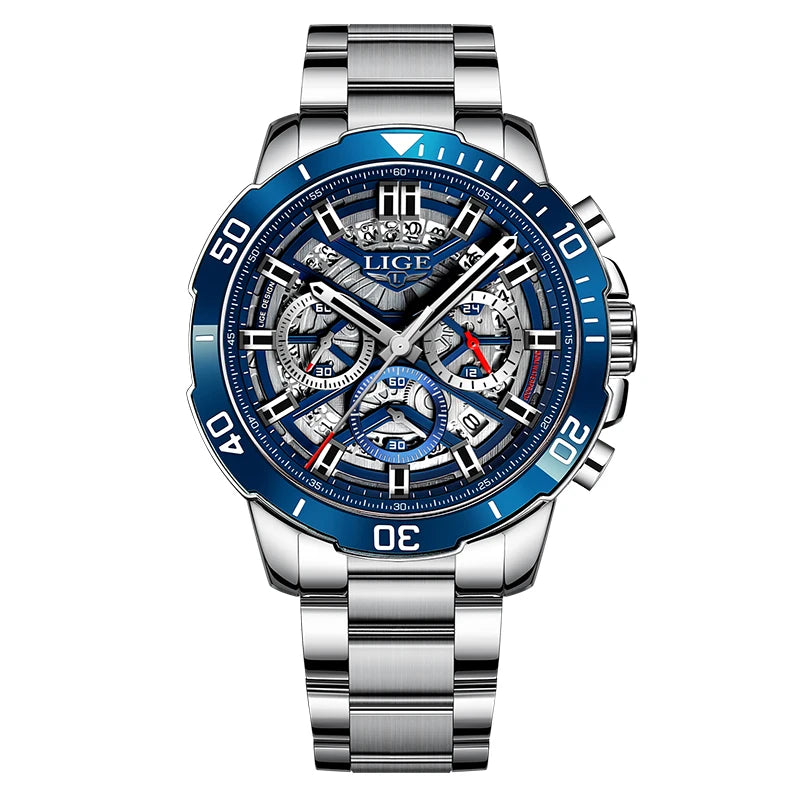 LIGE Mens Watches Top Brand Big Sport Watch Luxury Men Military Steel Quartz Wrist Watches Chronograph Hollow Design Male Clock