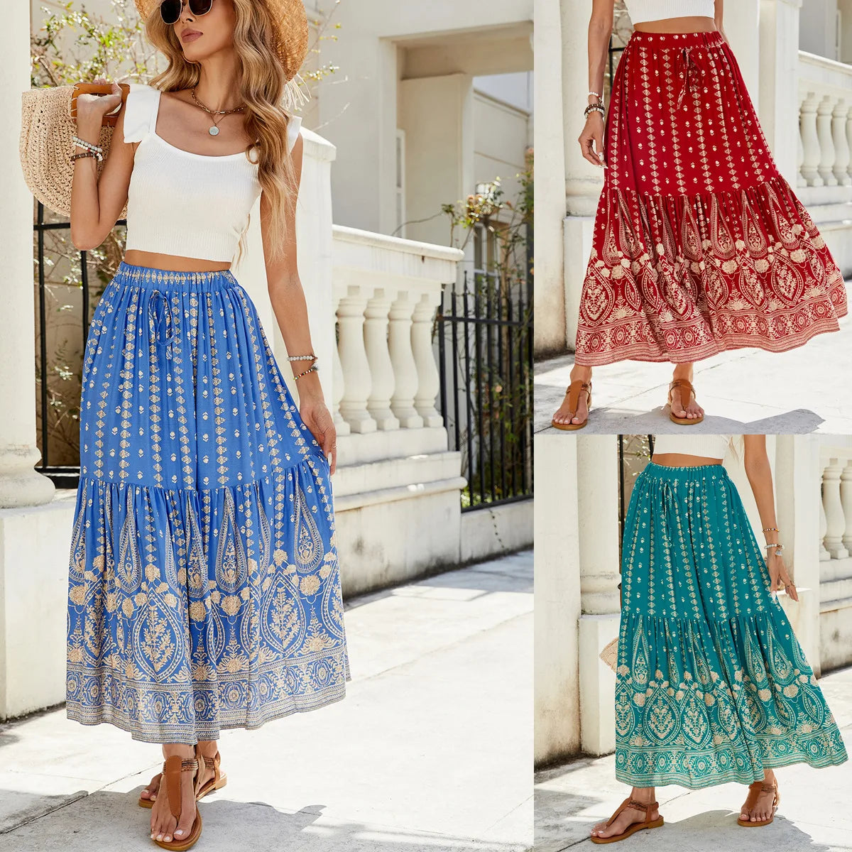 Women's Clothing 2025 Spring and Summer Cotton Printed Splicing Skirt Beach Vacation Big Beach Skirt