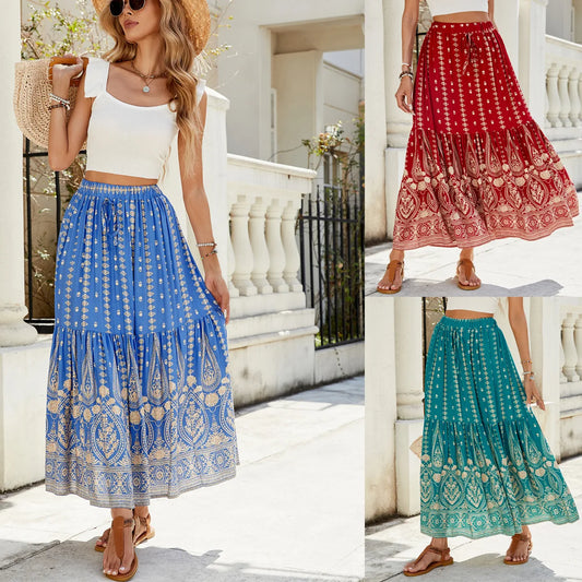 Women's Clothing 2025 Spring and Summer Cotton Printed Splicing Skirt Beach Vacation Big Beach Skirt