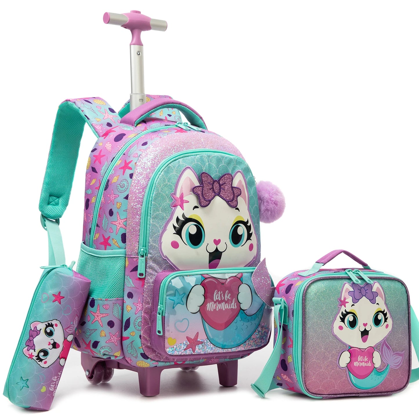 Girls Cute Rolling Backpack with Wheels 3pcs Set Roller Backpacks for Girls with Lunch Bag Wheeled Bookbag