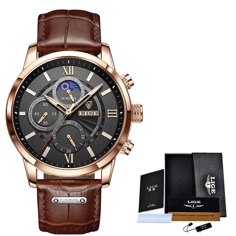 2025 New Mens Watches LIGE Top Brand Leather Chronograph Waterproof Sport Automatic Date Quartz Watch For Men Relogio Masculino