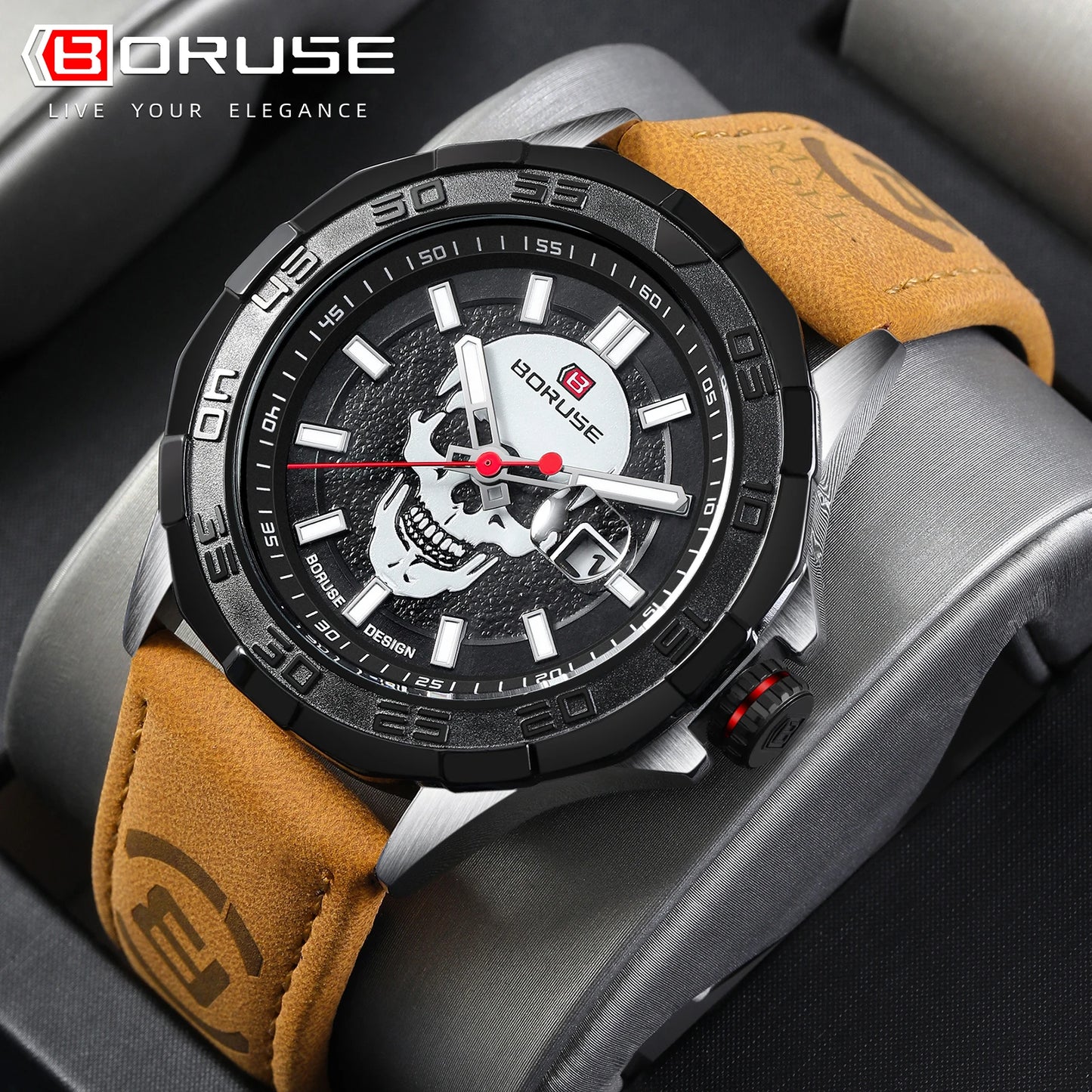 BORUSE Mens Brand Watches High Quality Luxury Leather Sport Waterproof Date Quartz Wristwatch for Men Relogio Masculino