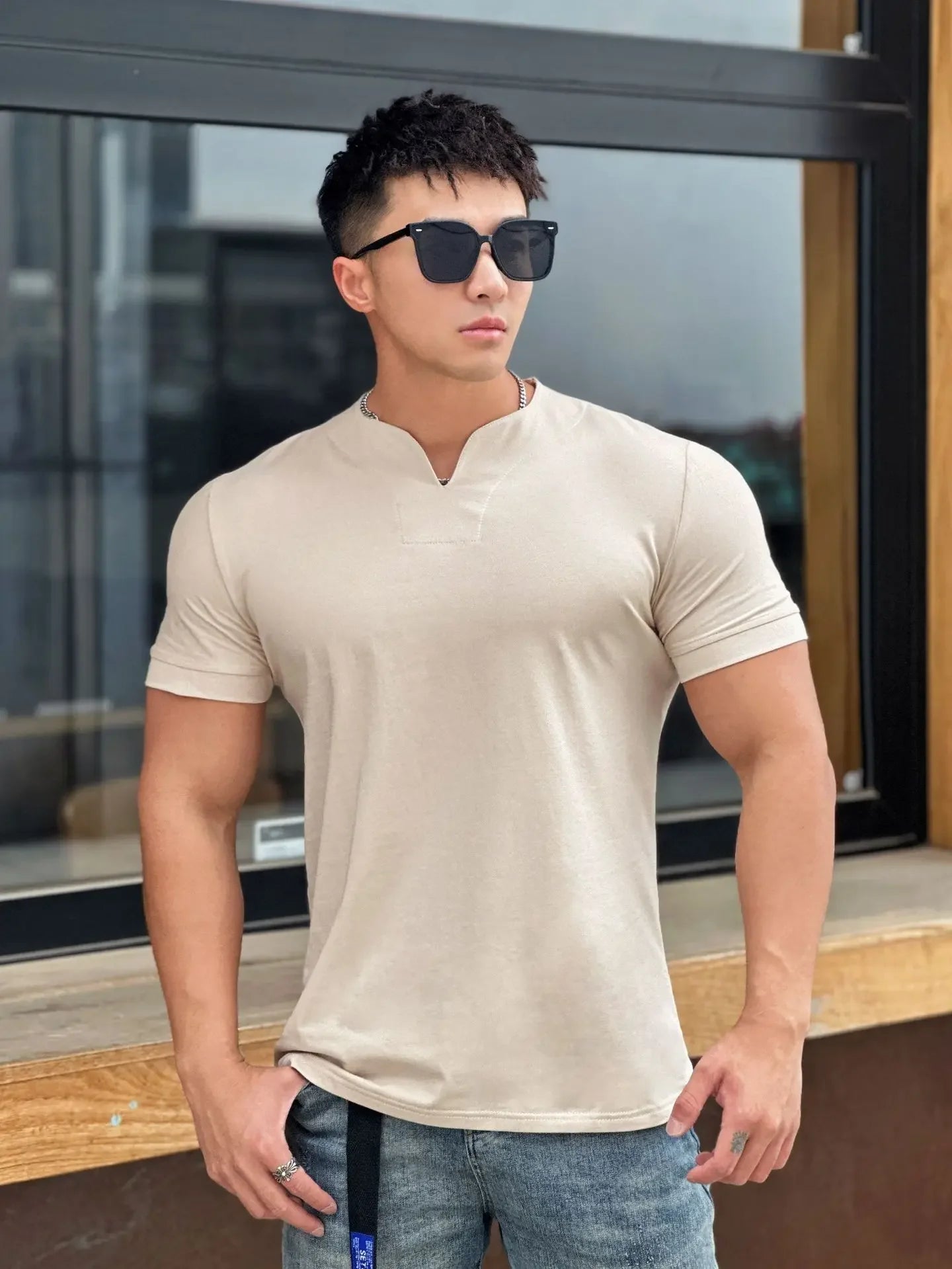 Mens Clothing New Fashion V neck Short Sleeve T Shirt Men Slim Fit T-shirt Men cotton Casual Summer Gym Fitness Tee shirt