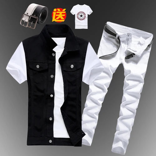 New Men Sets Mens Boys Casual Denim Vest Sleeveless Waistcoat Summer Jeans Pants Trousers Slim Fit 2pcs Set Men Clothing