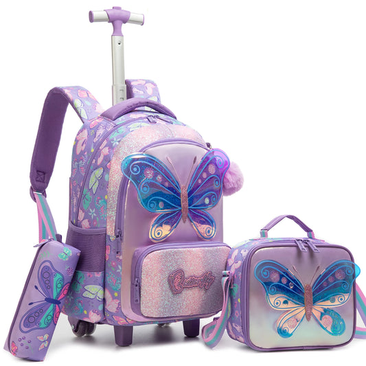 Girls Cute Rolling Backpack with Wheels 3pcs Set Roller Backpacks for Girls with Lunch Bag Wheeled Bookbag