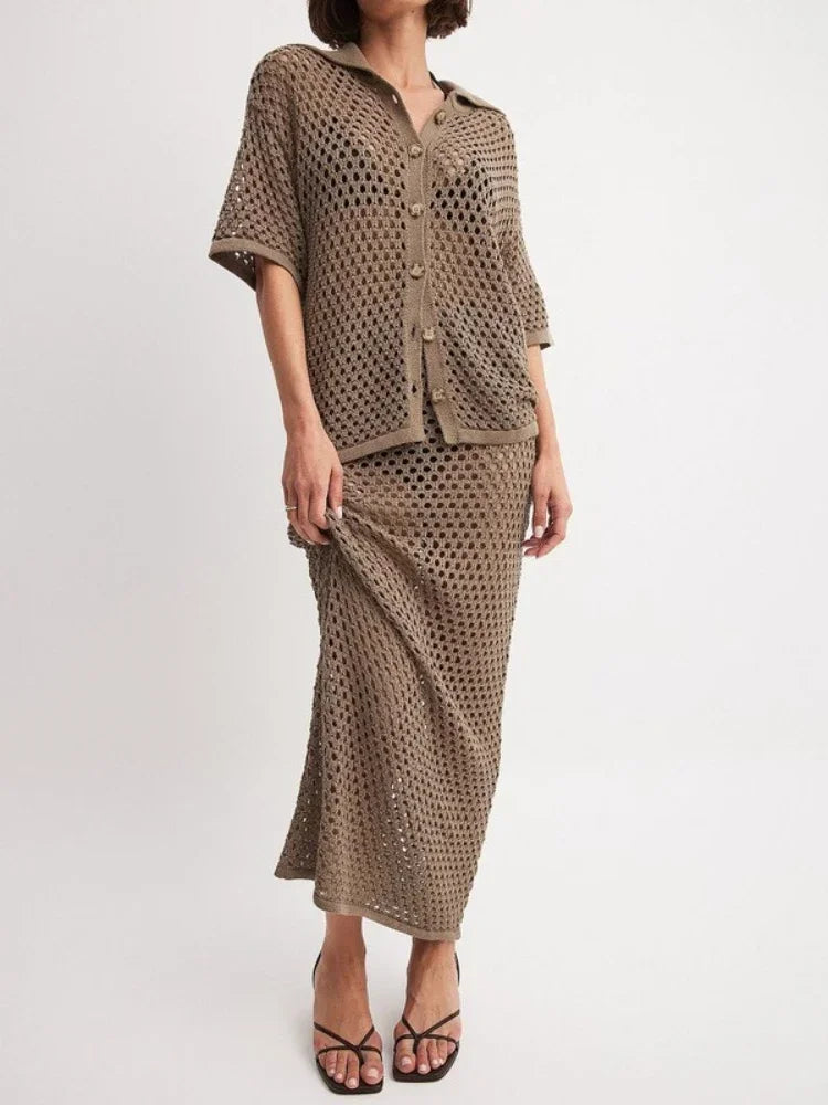 Women's Clothing New Summer Casual Dress Sets Fashionable Mesh Fishnet Beach Knit Blouse Long Skirt Matching Sets for Women
