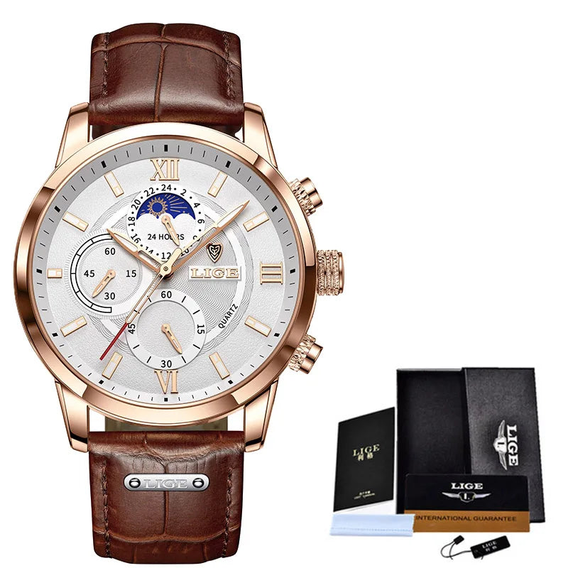 2025 New Mens Watches LIGE Top Brand Leather Chronograph Waterproof Sport Automatic Date Quartz Watch For Men Relogio Masculino