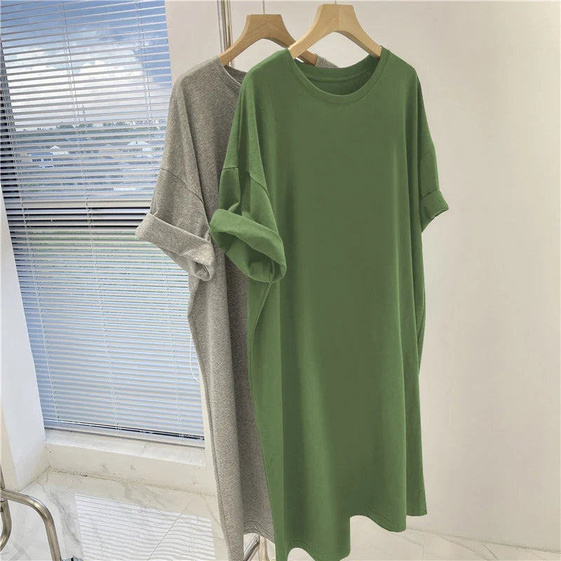 Women Clothing Solid Dress Short Sleeve Casual Loose Pullover Tunic Summer Comfortable Simple Straight Dresses