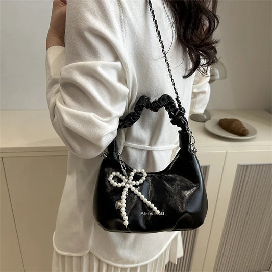 Wine Red Handbag For Women 2025 Summer New Pleated Shoulder Bag Vintage Versatile Chain Crossbody Bags High-end Commuting Purses