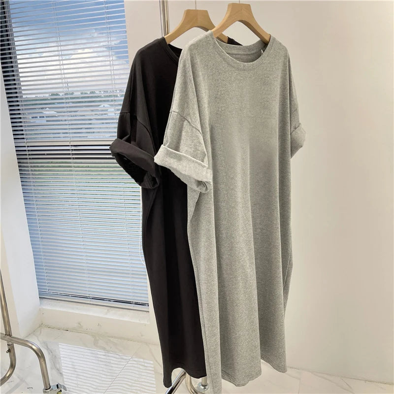 Women Clothing Solid Dress Short Sleeve Casual Loose Pullover Tunic Summer Comfortable Simple Straight Dresses