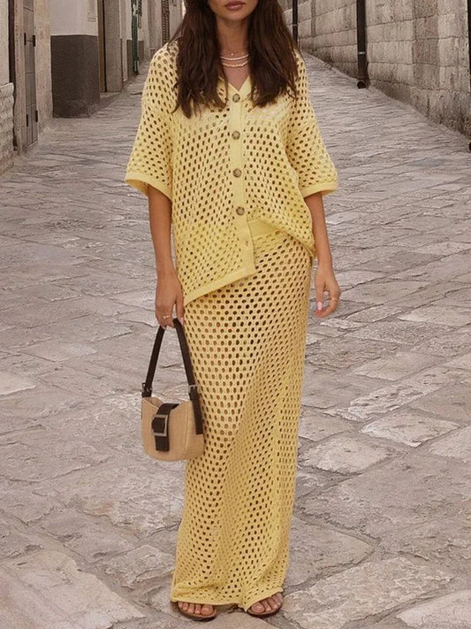 Women's Clothing New Summer Casual Dress Sets Fashionable Mesh Fishnet Beach Knit Blouse Long Skirt Matching Sets for Women