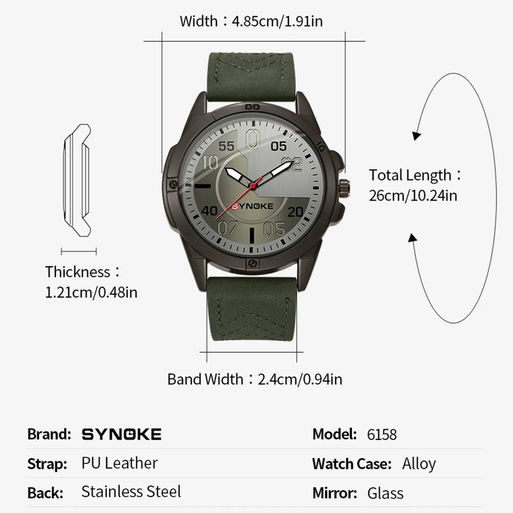 Mens Quartz Watch - Round Dial, PU Leather Strap, 30m Water Resistant, Alloy Case, SYNOKE Watch