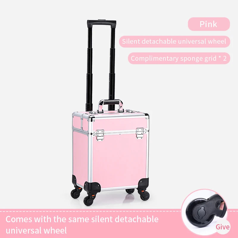 Rolling Makeup Train Case Large Capacity Cosmetic Trolley, Aluminum Professional Salon Travel Case with Key Swivel Wheels Travel