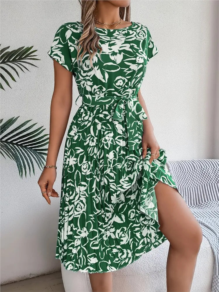 Women's Clothing 2025 Summer New Casual Short-sleeved Floral Strap Dress Pleated Skirt Fashion O Neck Casual Dresses Robe Femme