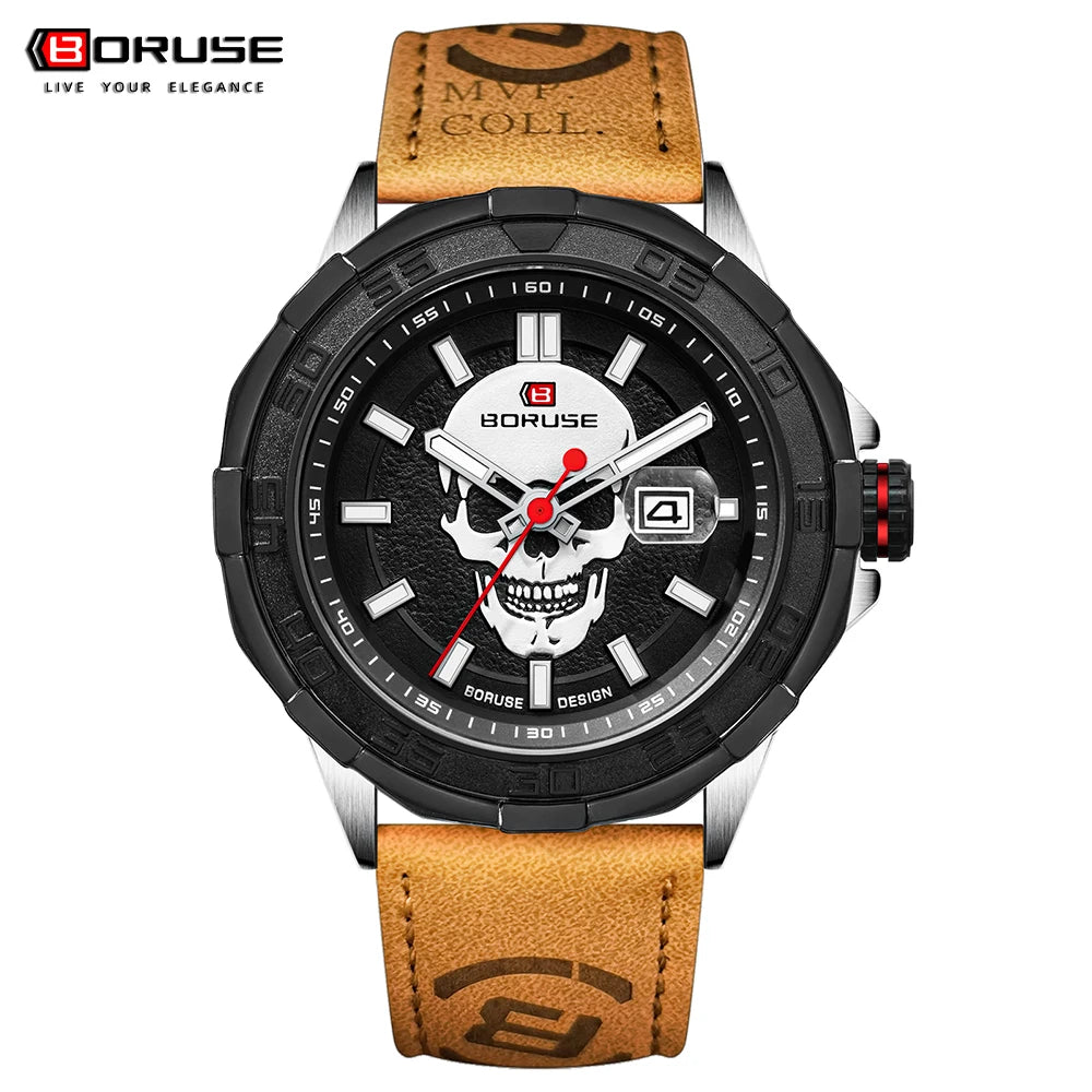 BORUSE Mens Brand Watches High Quality Luxury Leather Sport Waterproof Date Quartz Wristwatch for Men Relogio Masculino