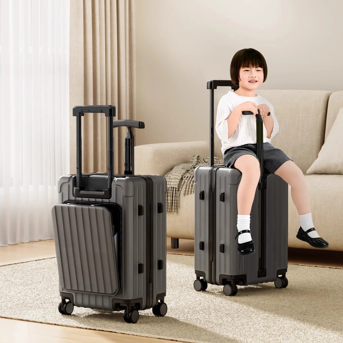 Double Trolley Children's Luggage New Ride on Suitcase  20 Inch Boarding Box Rear Opening Laptop Bag Sturdy and Durable Suitcase