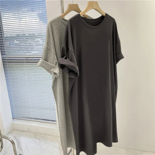 Women Clothing Solid Dress Short Sleeve Casual Loose Pullover Tunic Summer Comfortable Simple Straight Dresses