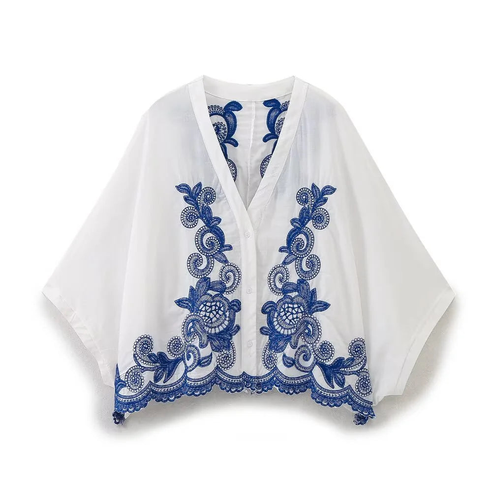 2025 New Women's Clothing Casual, Elegant, Modern, European and American Style Contrast Embroidered Shirt&Skirt Set