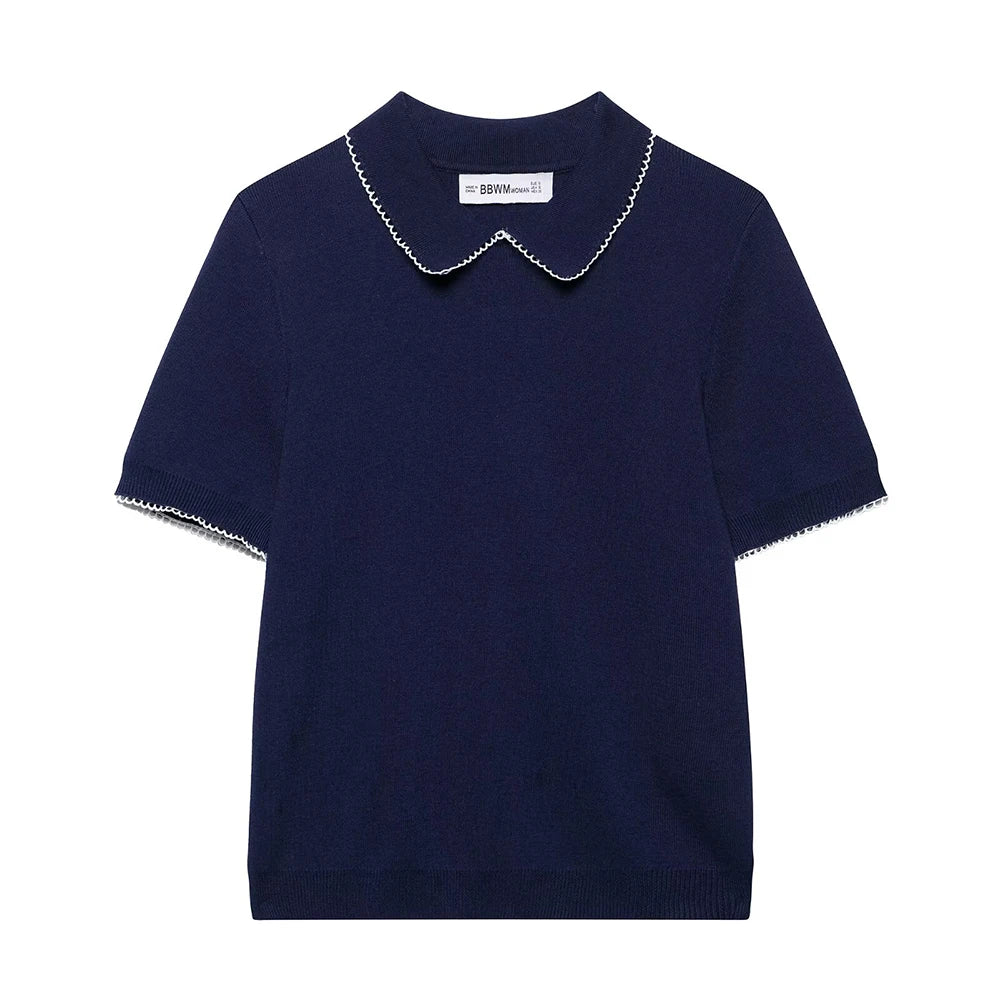 2025 new women's clothing European and American style casual fashion temperament versatile lapel knitted short sleeved top