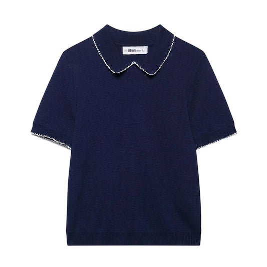 2025 new women's clothing European and American style casual fashion temperament versatile lapel knitted short sleeved top
