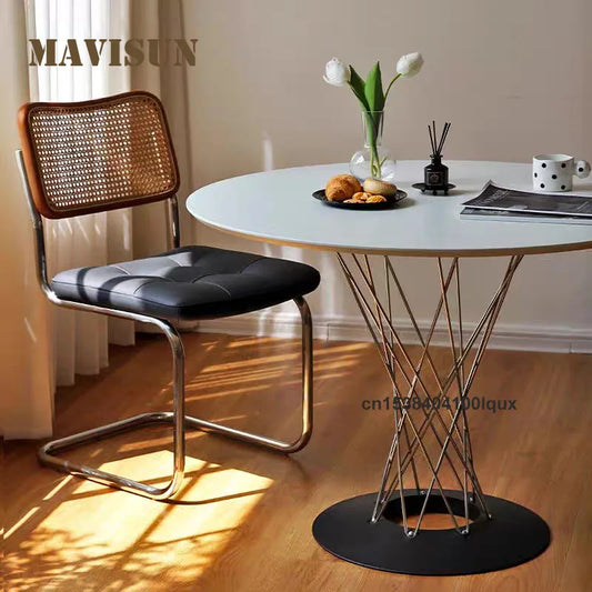Industrial Style Metal Round Transparent Tempered Glass Or Solid Wood Tabletop Electroplated Steel Frame 0.8 meters Dining Table
