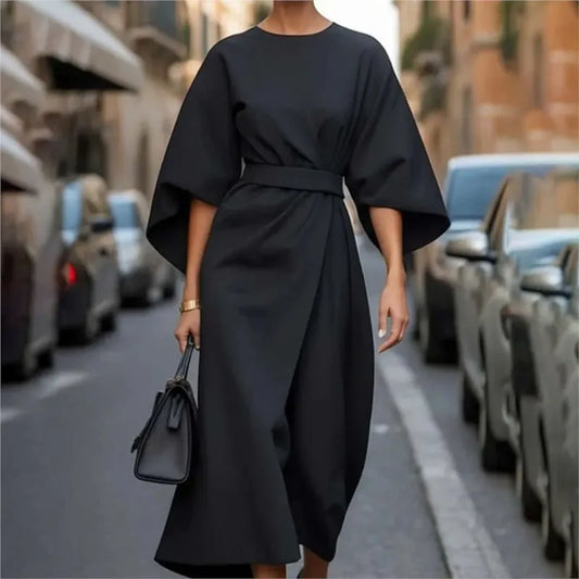 2025 Women's Clothing Fashion Black Dress Temperament Elegant Casual Waist-closing Maxi Bat Sleeve Dresses For Women Robe Femel