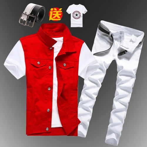 New Men Sets Mens Boys Casual Denim Vest Sleeveless Waistcoat Summer Jeans Pants Trousers Slim Fit 2pcs Set Men Clothing