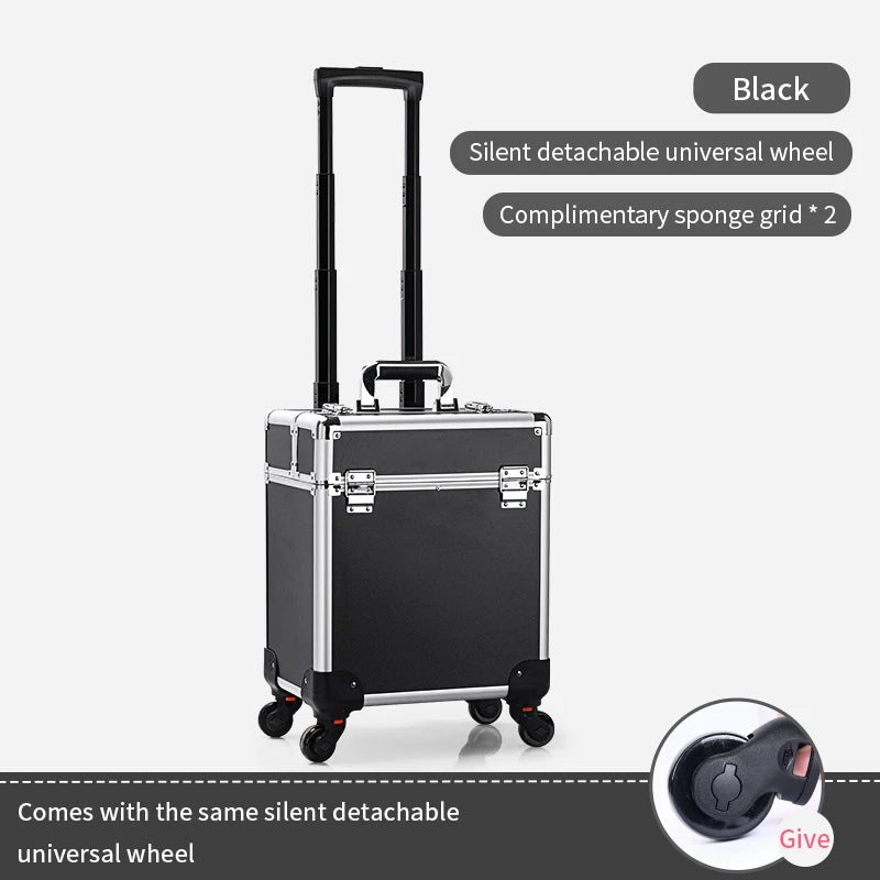 Rolling Makeup Train Case Large Capacity Cosmetic Trolley, Aluminum Professional Salon Travel Case with Key Swivel Wheels Travel