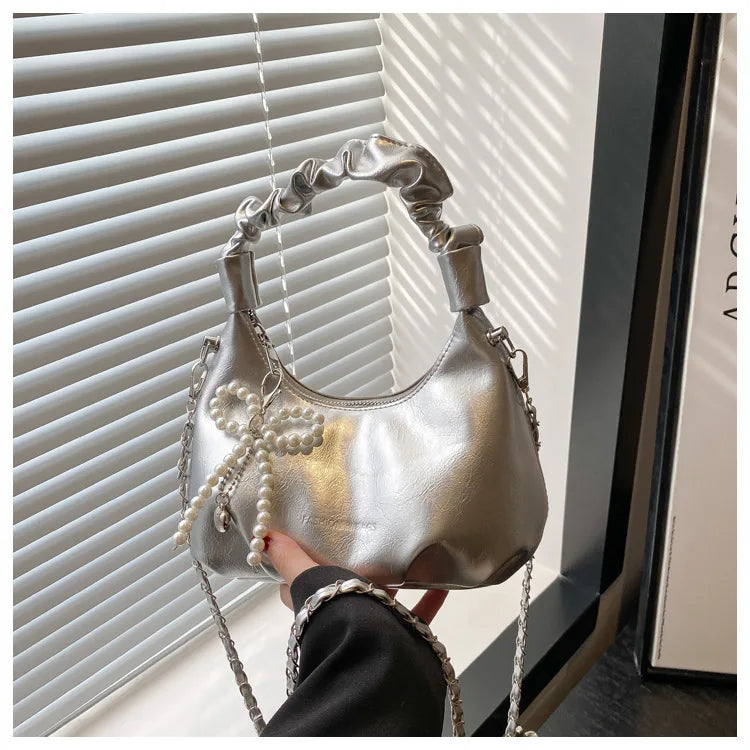 Wine Red Handbag For Women 2025 Summer New Pleated Shoulder Bag Vintage Versatile Chain Crossbody Bags High-end Commuting Purses
