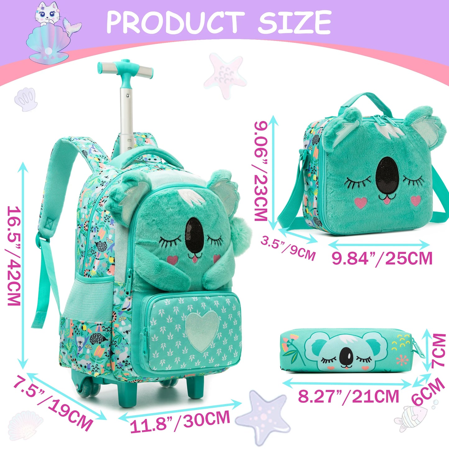 Girls Cute Rolling Backpack with Wheels 3pcs Set Roller Backpacks for Girls with Lunch Bag Wheeled Bookbag