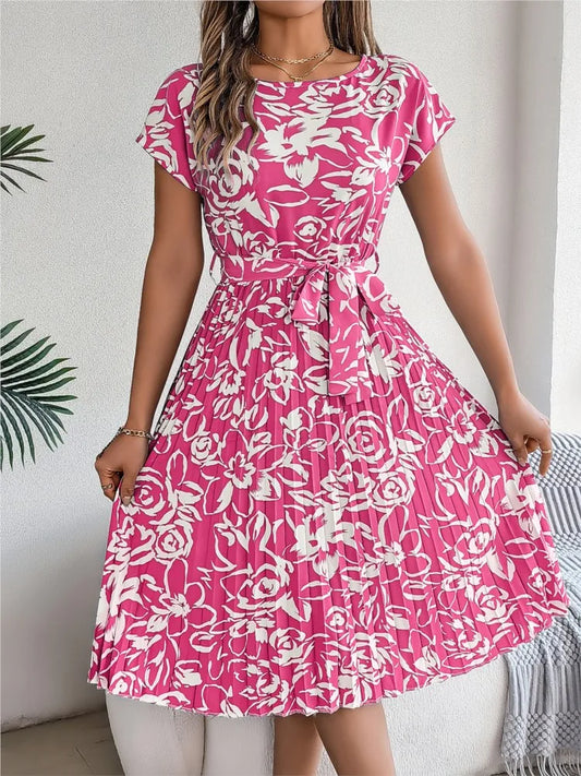 Women's Clothing 2025 Summer New Casual Short-sleeved Floral Strap Dress Pleated Skirt Fashion O Neck Casual Dresses Robe Femme